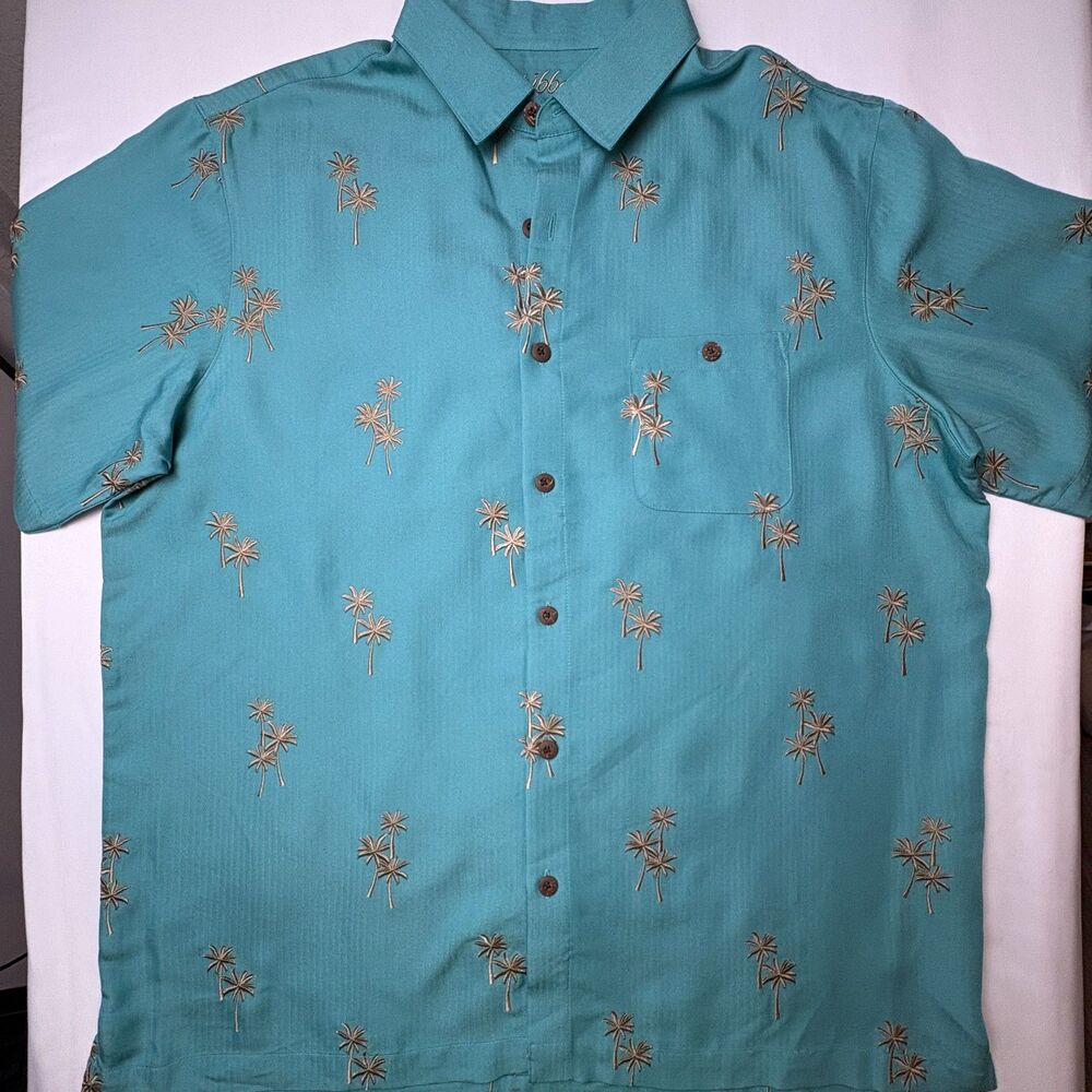 Caribbean Men's XL Teal Green Embroidered Palm Tree Hawaiian Camp Shirt